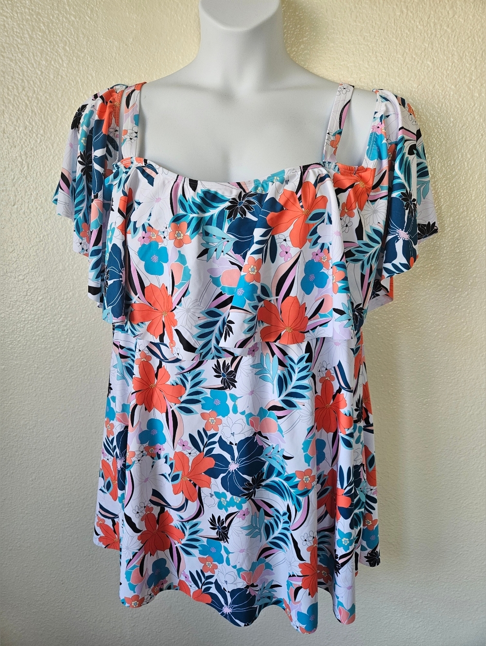Bloomchic-Women's  22-24 Tropical Adjustable Straps Cold Shoulder Bathing Suit. - Picture 6 of 11